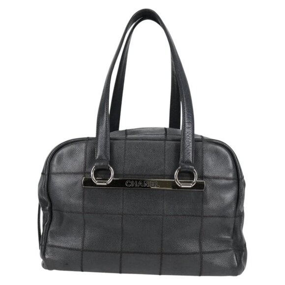 CHANEL Choco Bar Hand Bag Grained Calf Skin Black Silver gold - Picture 1 of 16